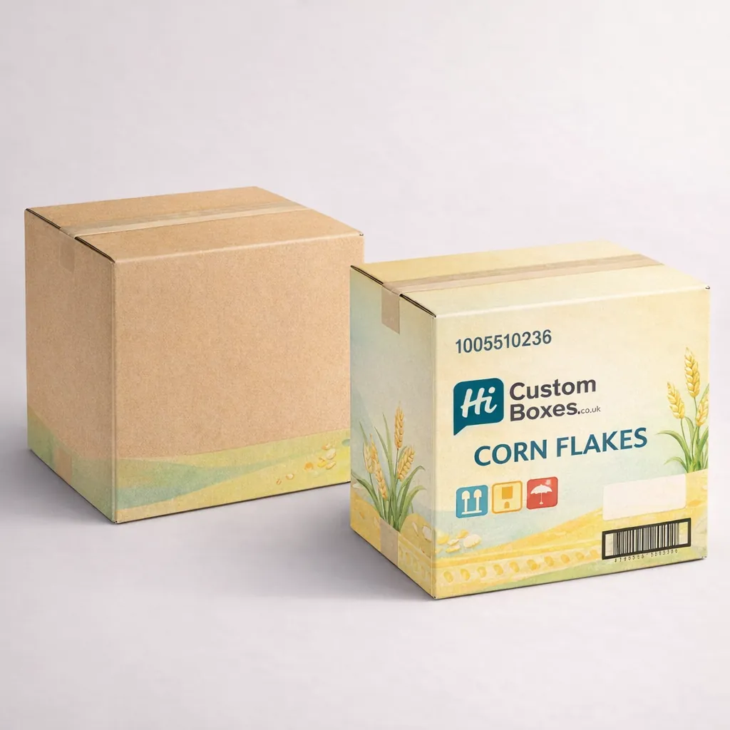 Durable kraft cardboard shipping cartons with bespoke branding and wheat illustrations for bulk cereal distribution. class=